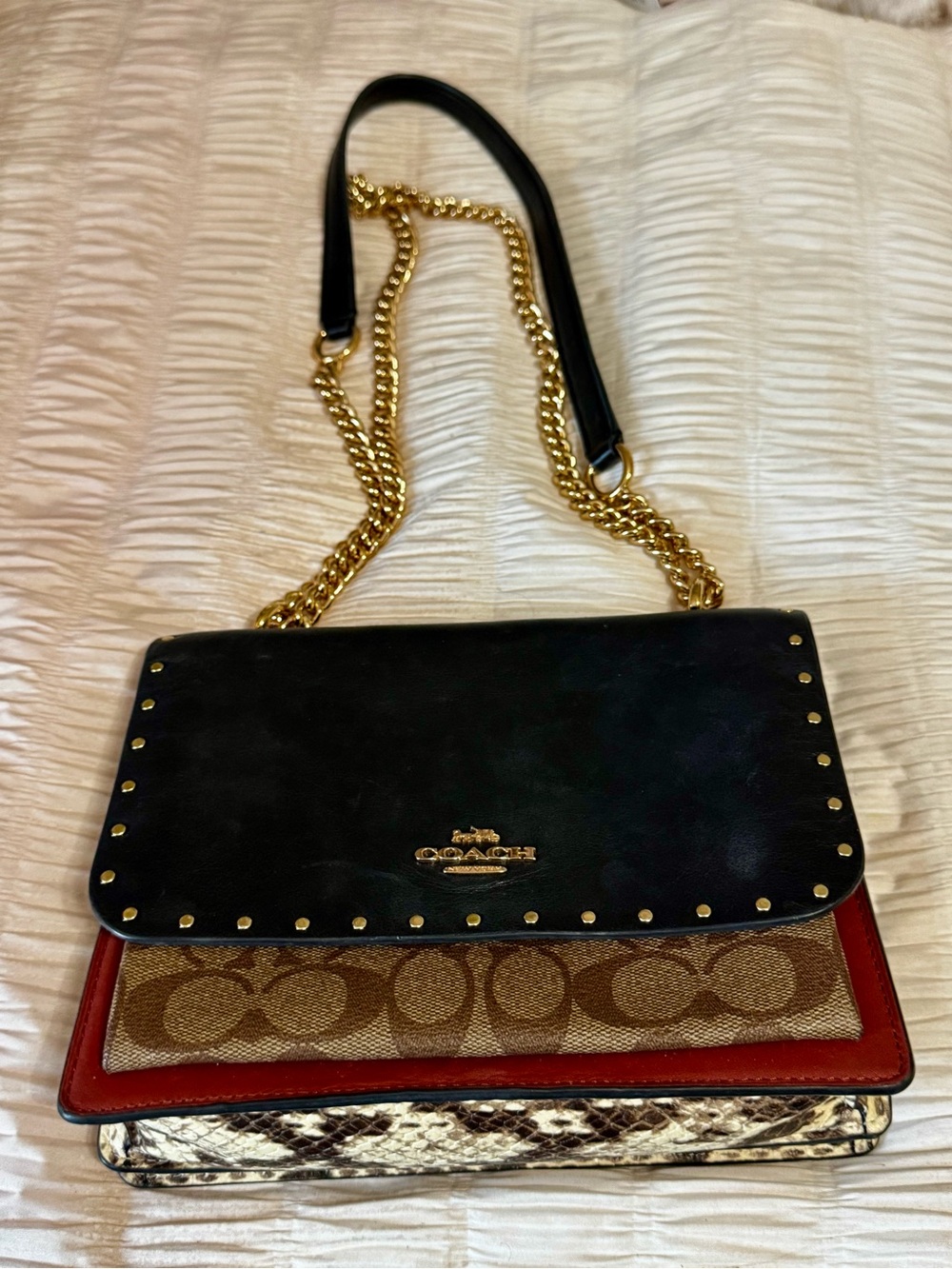 Coach Mixed-Material Black, Brown & Rust Shoulder Bag with Gold Chain